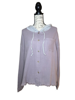 Hem & Thread Size Large Gauze Lavender Button Down Striped Hoodie w Frayed Hem